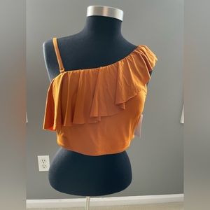 New Garnet Hill one shoulder swim top with ruffle